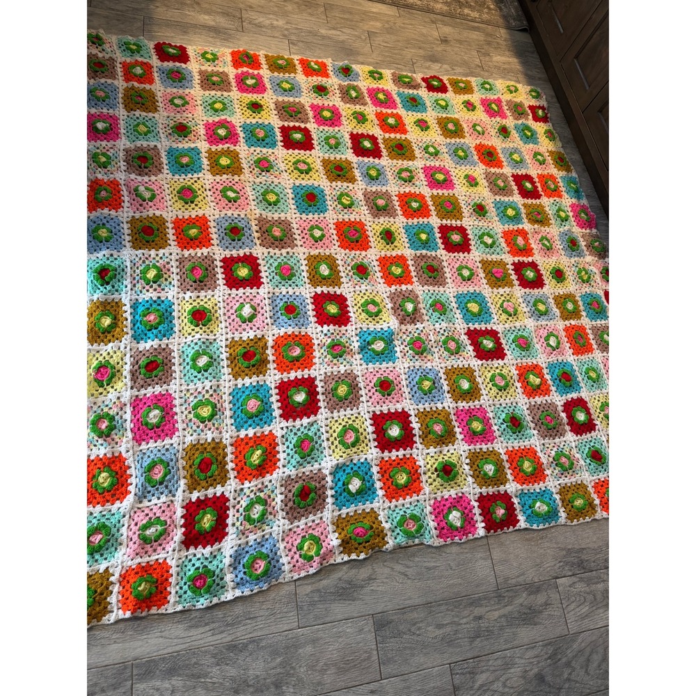 Crochet Granny Square Blanket 87" Floral Retro Afghan Rainbow Throw Handmade